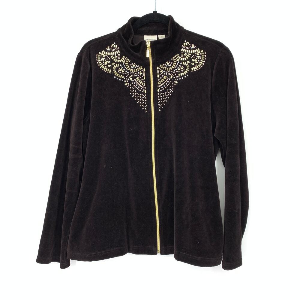 Chico's Zenergy Jacket Women's Size 2 US L Brown Basic Zipped Up Velour Beaded